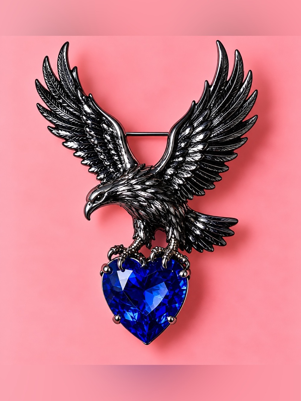 Black Eagle Brooch with Blue Heart Gem - Brand Unlabeled